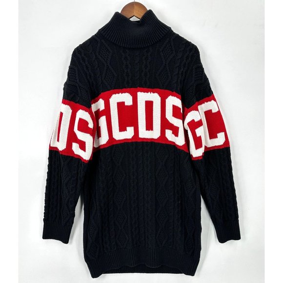 GCDS Sweater Mens Knit Oversized Mock Neck Logo Wool Blend Black Red White XS - Picture 1 of 13